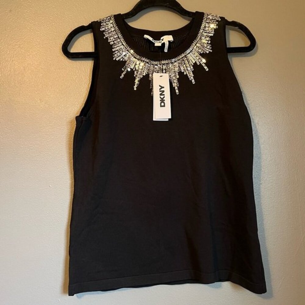 NWT DKNY Sz Large Womens Sleeveless Stretch Silver Sequin Bib Blouse Top Ret $79